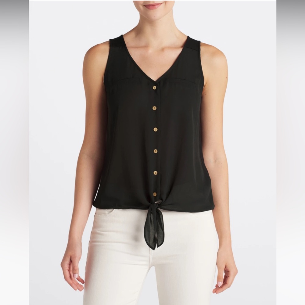 Fortune + Ivy Bendry Mixed Material Tie Front Blouse